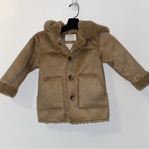 NWT ZARA toddler tan faux suede shearling hooded tan button up coat (9-12 mths) - Picture 1 of 8